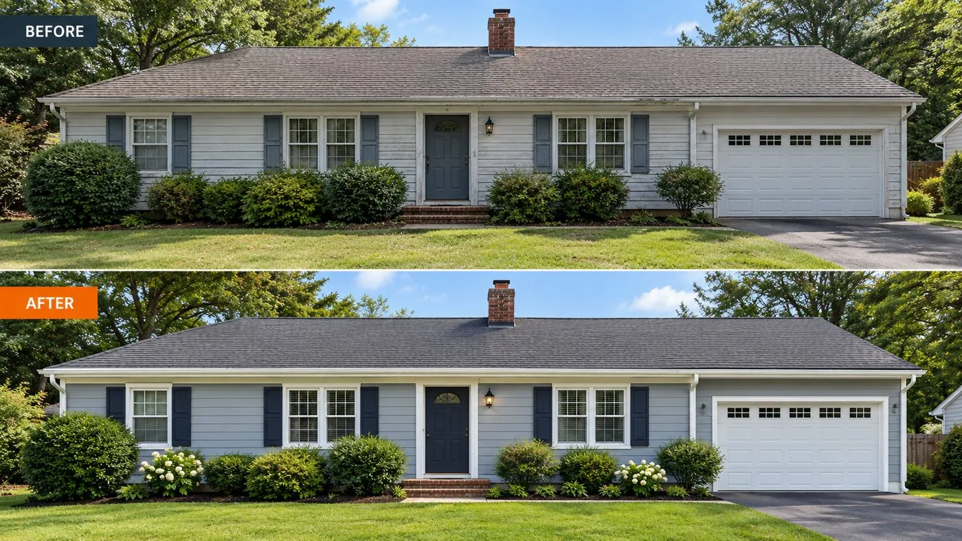 A before and after of a ranch house: faded gray siding and shutters on top, and the same house below with fresh blue-gray siding, navy shutters and a navy front door.
